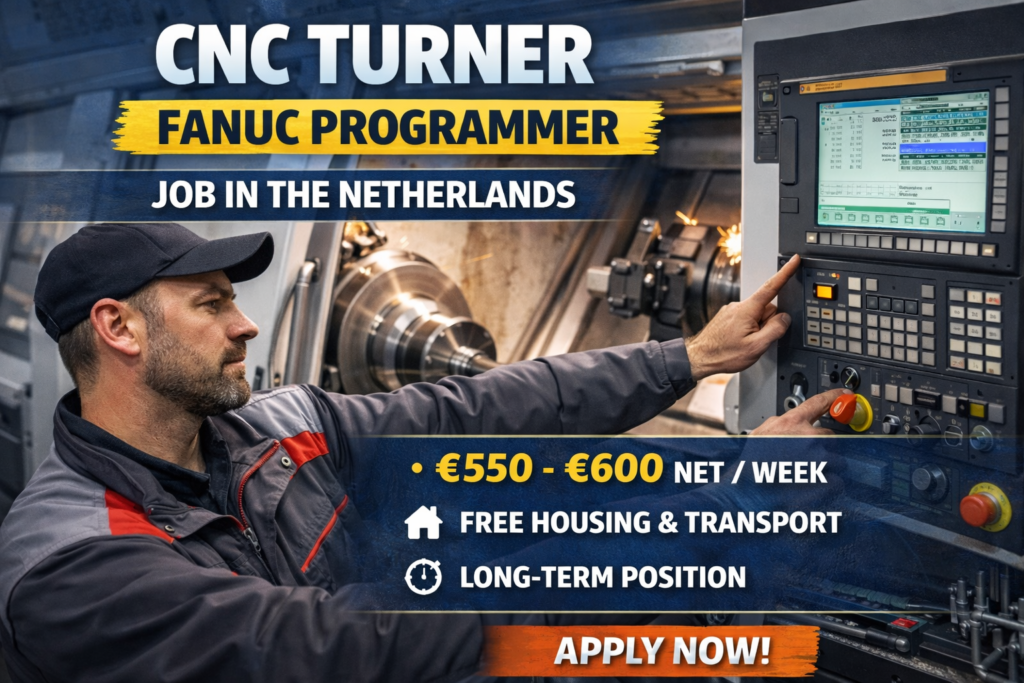 CNC Turner Job Netherlands | FANUC Programmer | €600 Net | Free Housing