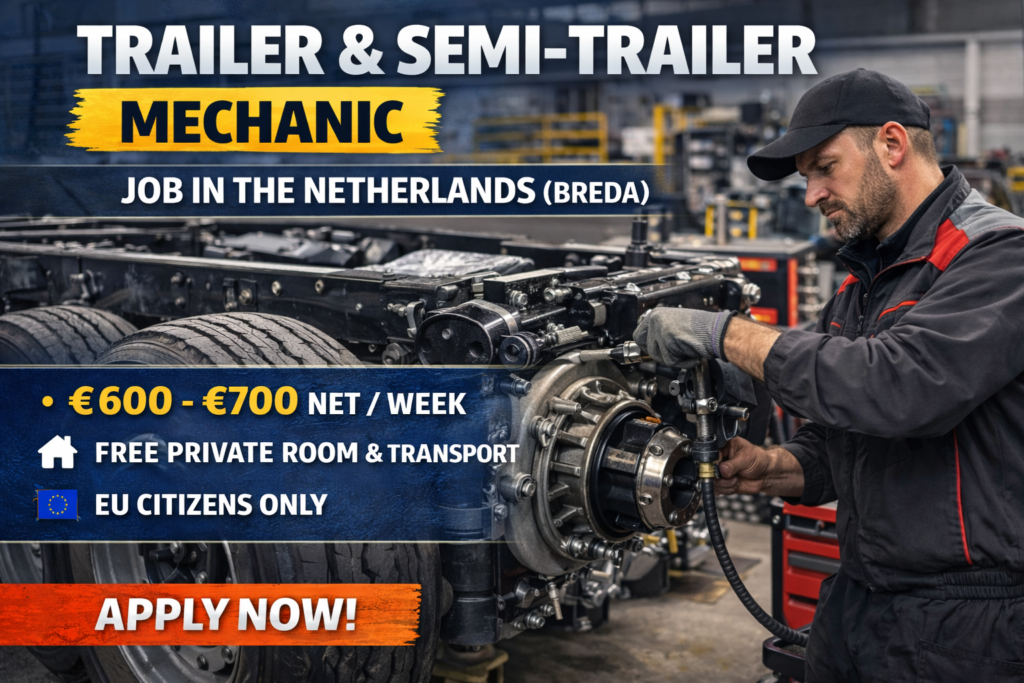 Trailer and Semi-Trailer Mechanic job in Breda, Netherlands. €600–€700 net per week, free private room, transport and weekly payment.