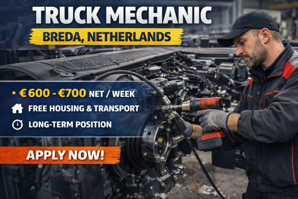 Truck Mechanic wanted in Breda, Netherlands. €600–€700 net per week, free private housing, transport and weekly payment.