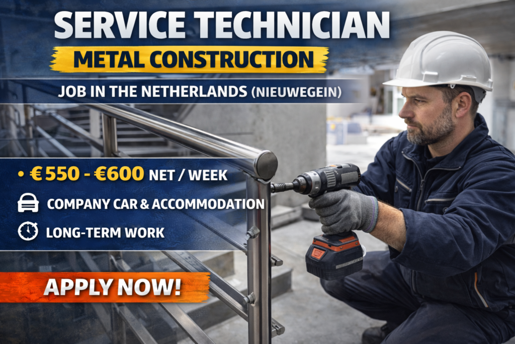 Field Service Technician wanted in Nieuwegein, Netherlands. €550–€600 net per week, single room accommodation, company car and weekly payment included.