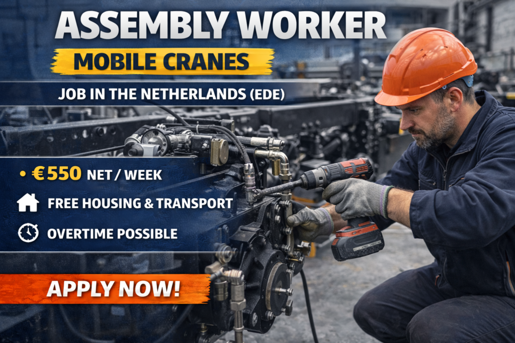 Assembly Worker for mobile cranes wanted in Ede, Netherlands. €550 net per week, accommodation, transport and health insurance included. Long-term job.