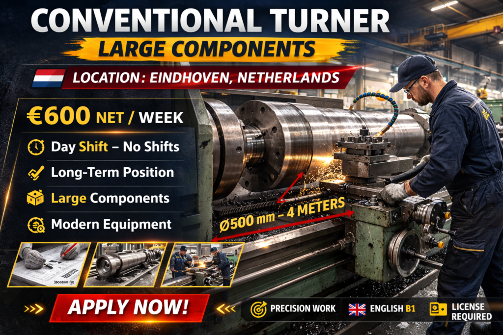 Conventional Turner wanted in Eindhoven, Netherlands. €600 net per week, day shift, long-term position machining large hydraulic cylinders and components.