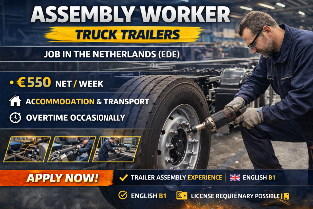 Assembly Worker wanted for truck trailer production in Ede, Netherlands. €550 net per week, accommodation, transport and health insurance included.