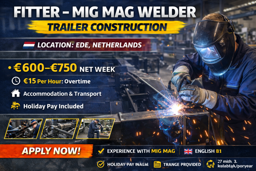 Fitter / MIG MAG Welder wanted in Ede, Netherlands. €600–€750 net per week, accommodation, transport and overtime included. Long-term trailer construction job.