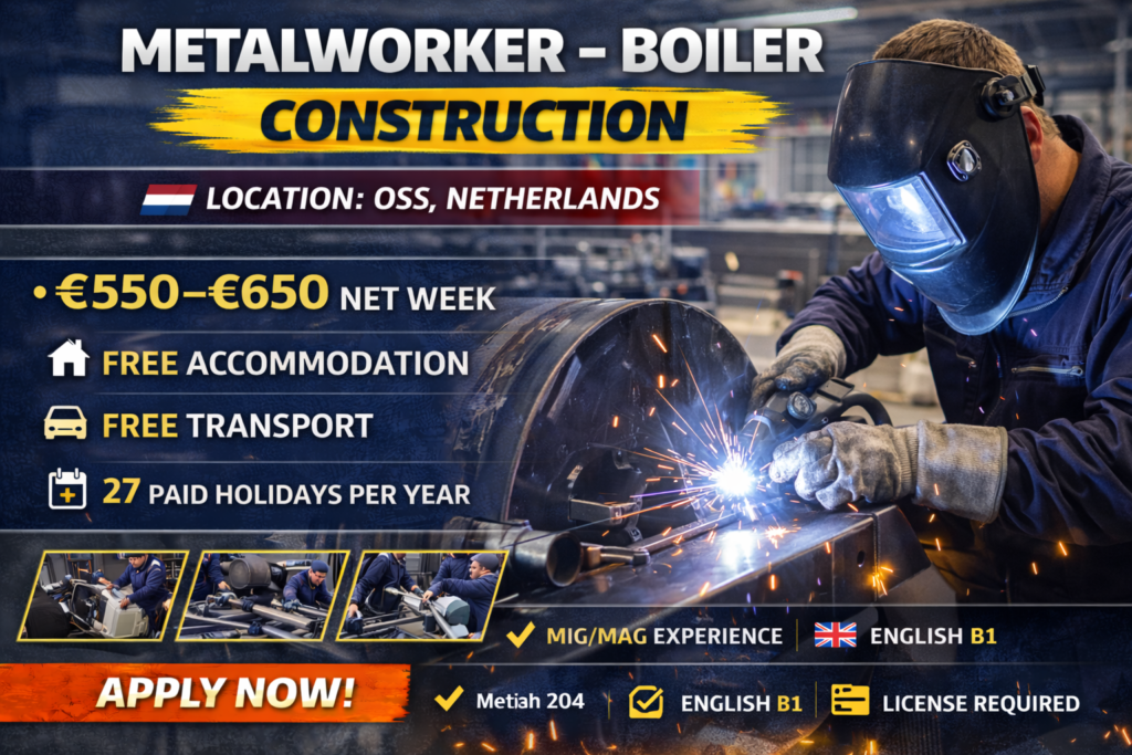 Experienced Metalworker – MIG/MAG Welder wanted in Oss, Netherlands. €550–€650 net per week, free housing, transport and long-term position.