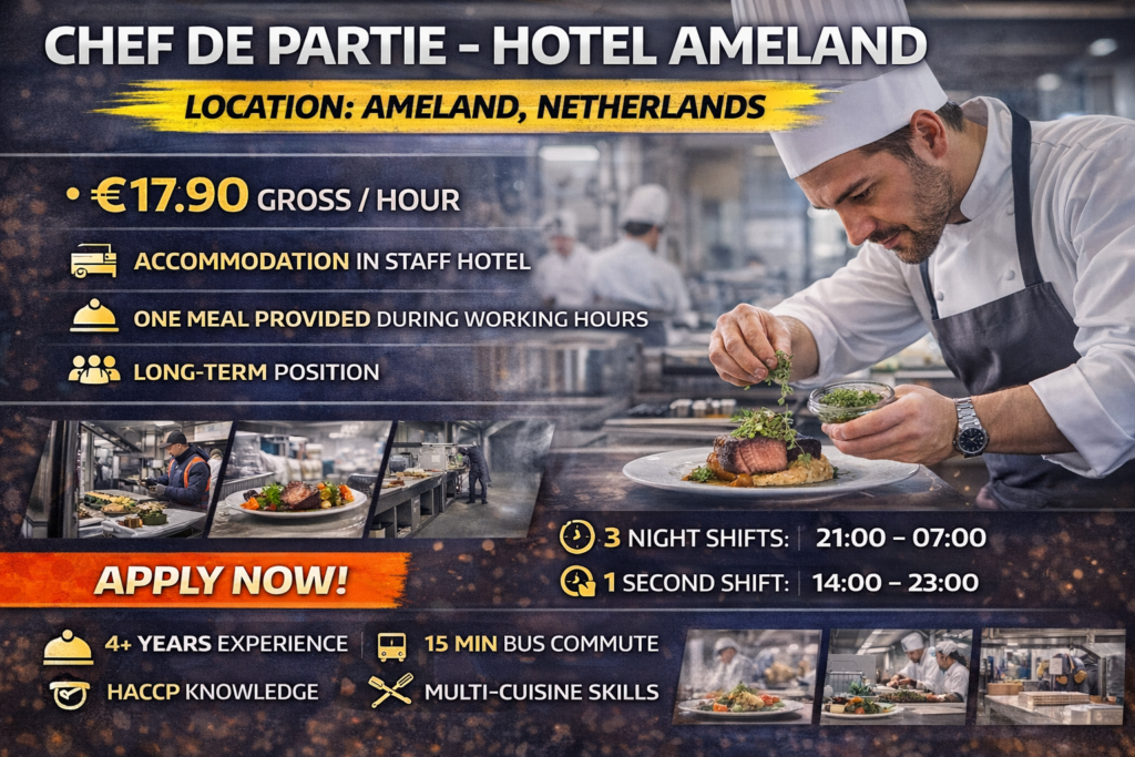 Chef de Partie Job Netherlands | Hotel Ameland | €17.90 Hour