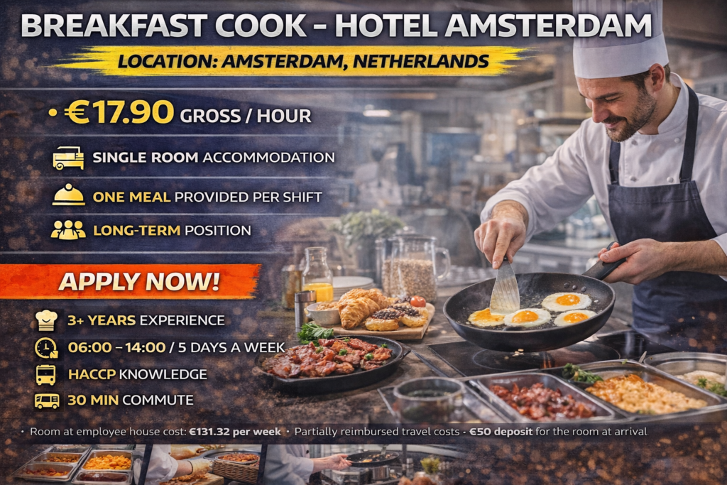 Breakfast Cook Job Netherlands | Hotel Amsterdam | €17.90 Hour