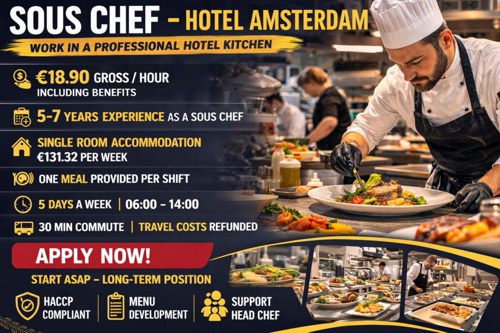 Sous Chef Job Netherlands | Hotel Amsterdam | €18.90 Hour