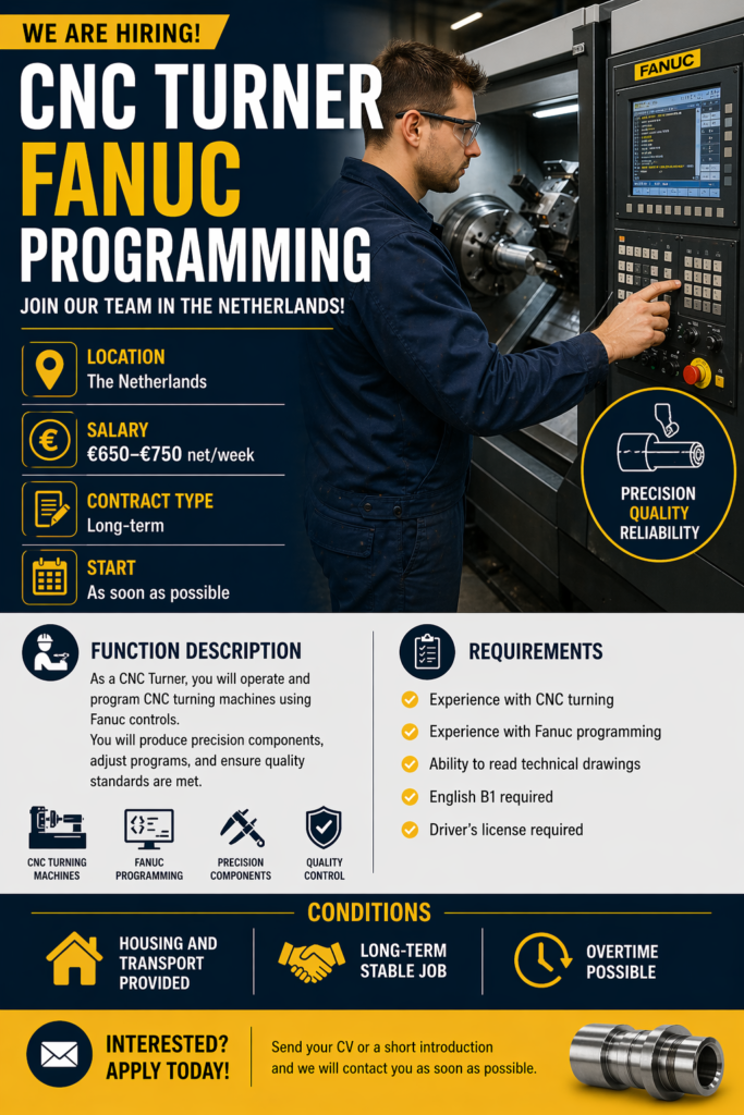 CNC Turner (Fanuc Programming) Job in Netherlands – €650–€750 Net/Week + Housing