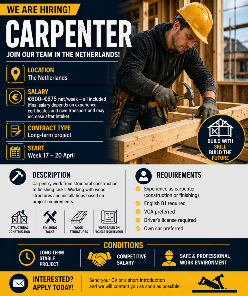 Carpenter Job in Netherlands – €600–€675 Net/Week + Long-Term Project