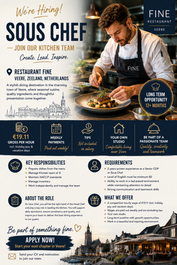Sous Chef Job in Veere, Netherlands | Full-Time Fine Dining Kitchen Opportunity
