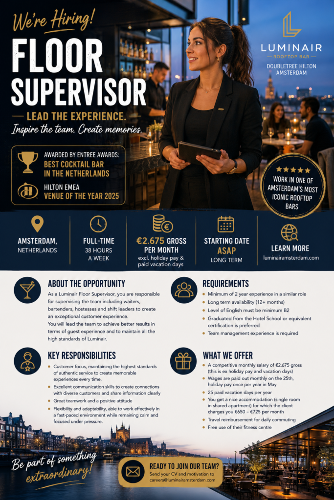 Floor Supervisor Job in Amsterdam, Netherlands | Rooftop Bar & Hospitality Leadership Role
