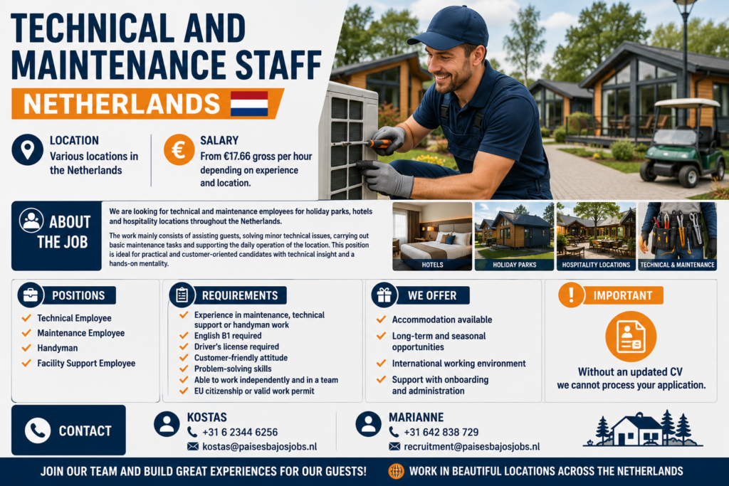 A skilled technical and maintenance employee performing repairs and maintenance tasks at a hotel or holiday park in the Netherlands. This position offers accommodation, long-term and seasonal employment opportunities, an international working environment, and competitive pay starting from €17.66 gross per hour for candidates with an EU passport, EU citizenship, or a valid work permit.