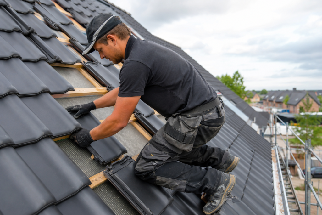 A skilled roof tiler installing new roof tiles on a pitched residential roof in the Netherlands. The position offers long-term employment, competitive weekly net salary, free accommodation, and free health insurance for experienced roofing professionals with EU passport or EU citizenship.