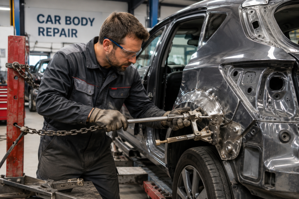 A skilled car panel beater repairing and restoring a damaged vehicle using modern body repair equipment in the Netherlands. This long-term position offers up to €750 net per week, free accommodation, free health insurance, and weekly salary payments for experienced professionals with an EU passport or EU citizenship.