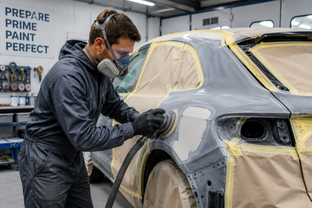 A skilled car spray painter preparator sanding, filling, masking, and priming a passenger vehicle before spray painting in a modern automotive repair workshop. This long-term position in the Netherlands offers up to €775 net per week, free accommodation, free health insurance, and weekly salary payments for experienced professionals with an EU passport or EU citizenship.