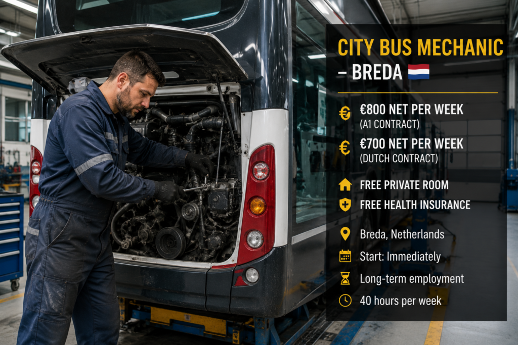 A skilled city bus mechanic diagnosing and repairing a modern diesel, hybrid, or electric city bus in a professional workshop in Breda, Netherlands. This long-term position offers up to €800 net per week, free accommodation, free health insurance, and weekly salary payments for experienced professionals with an EU passport or EU citizenship.
