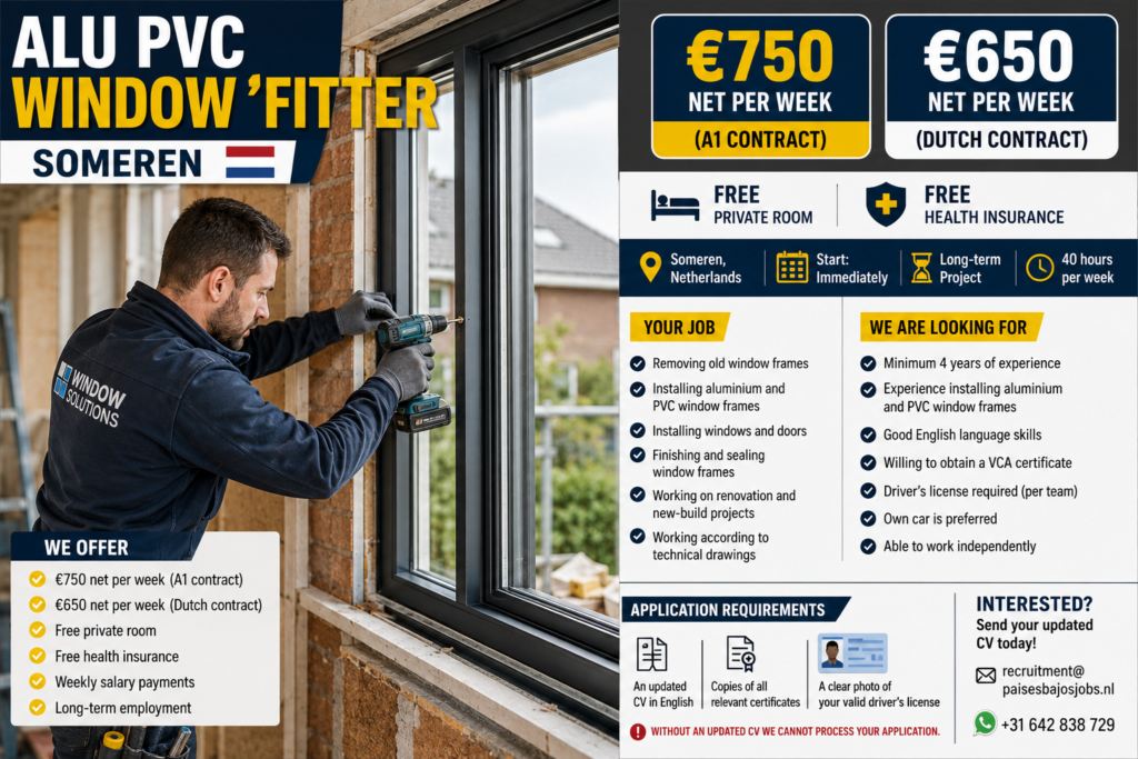 A skilled ALU and PVC window fitter installing aluminium and PVC window frames, windows, and doors on a residential construction project in the Netherlands. This long-term position offers up to €750 net per week, free accommodation, free health insurance, and weekly salary payments for experienced professionals with an EU passport or EU citizenship.