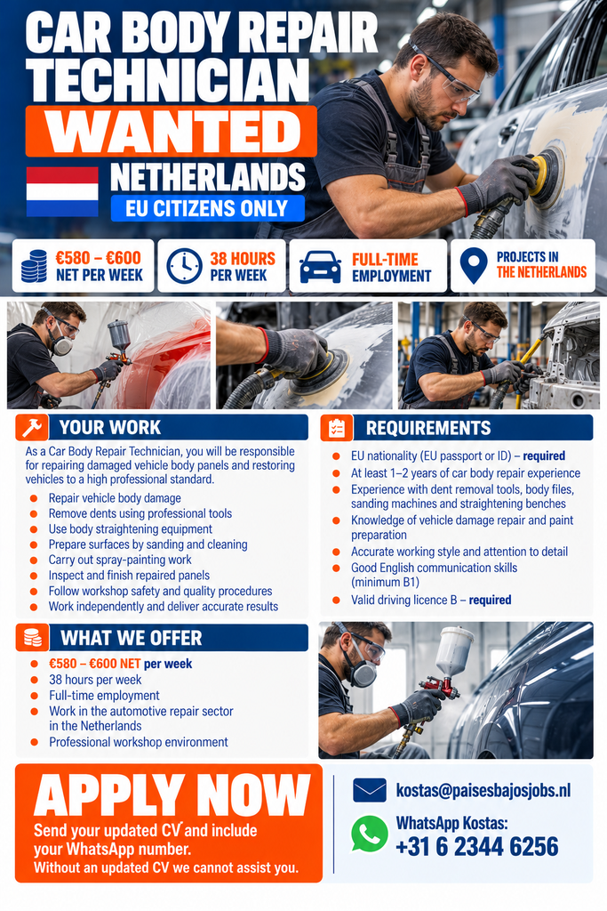 Car Body Repair Technician Jobs Netherlands | €600 NET/Week